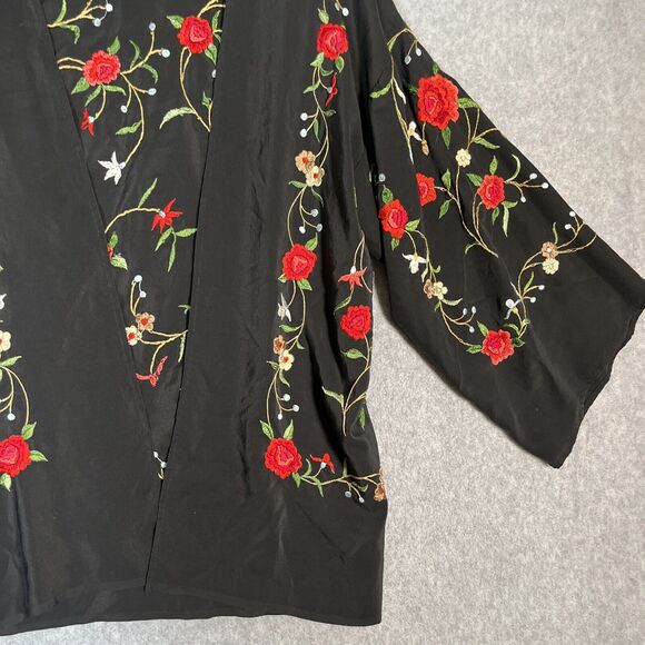 Ania A OPen Cardigan Kimono Womens M Black Embroidered Silk Top Floral Artsy - Picture 3 of 15